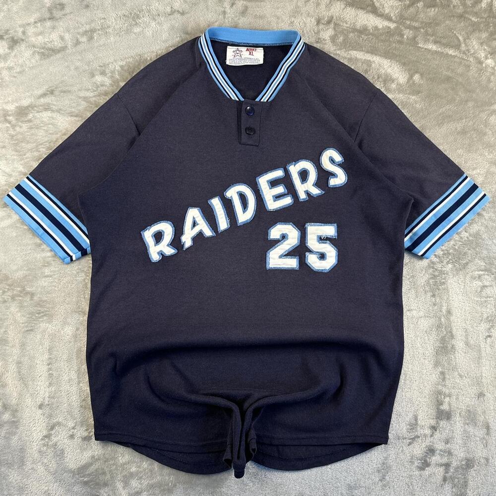 Vintage 80s Raiders Baseball Jersey Mens XL B Lockman 25 Navy Blue